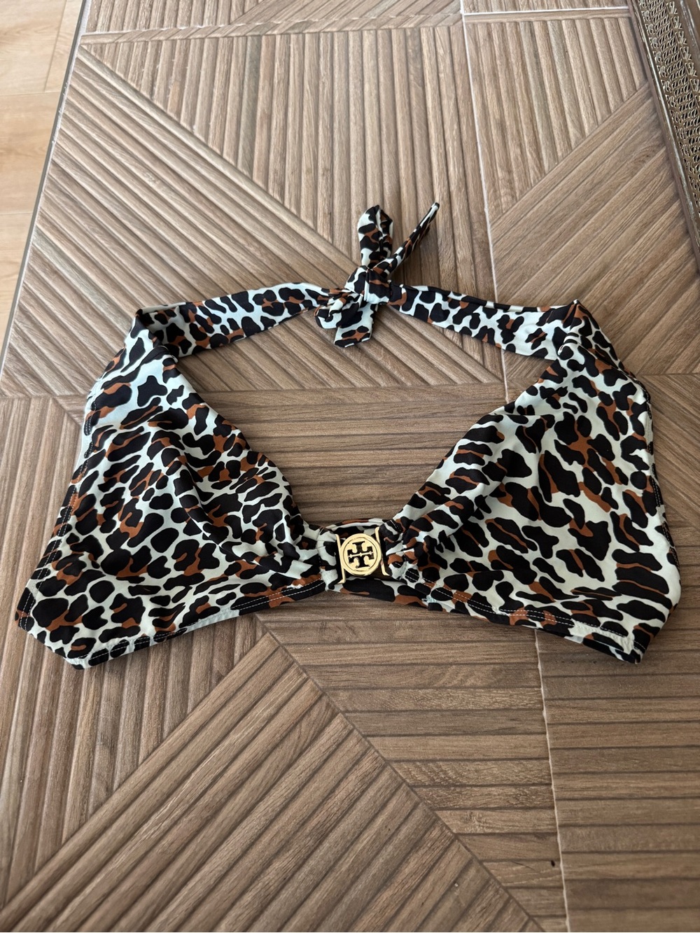 Tory Burch Leopard-Print Bikini Top in Brown, Black & Aqua Blue with Gold Logo